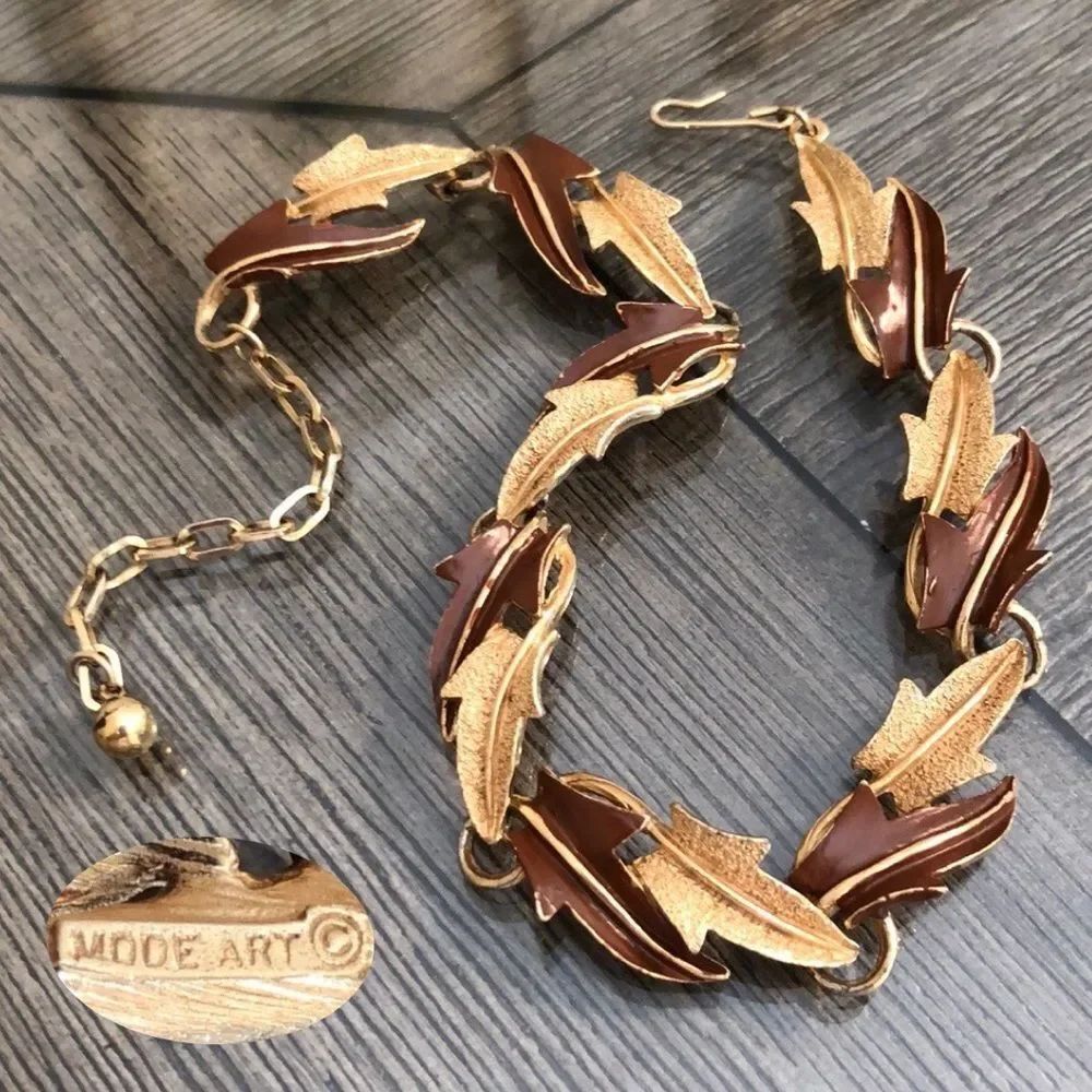 Vintage Mode-Art Brown Enamel & Goldtone Leaf Choker Necklace